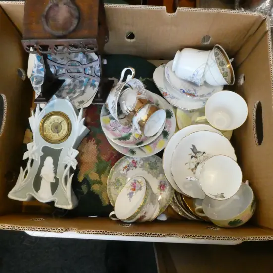 TAPESTRY STOOL TOP, ASST. CHINA TRIOS, SHELLEY C/S, CLOCK, WATCH STAND, etc