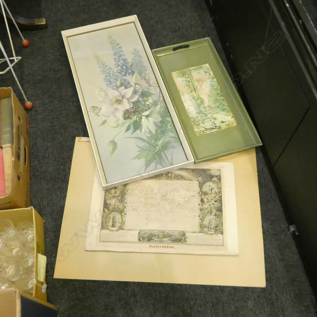 FRAMED FLORAL STILL LIFE by VERNON WARD + PRINT ON BOARD PLANISPHERE + OTHER **work on paper withdrawn** Image 1++