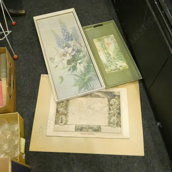FRAMED FLORAL STILL LIFE by VERNON WARD + PRINT ON BOARD PLANISPHERE + OTHER **work on paper withdrawn**