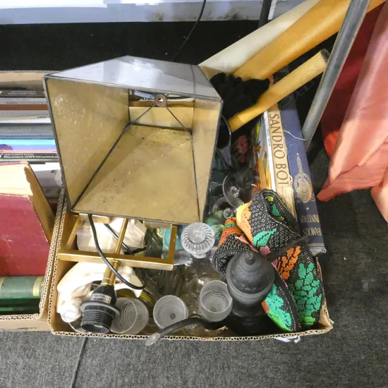 BOX OF ASST. COLLECTABLES; VINTAGE WALL PAPER, CHINA, GLASS CROSS, etc