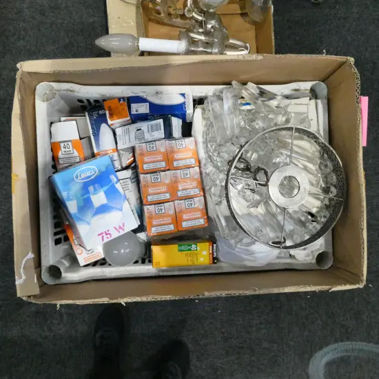 BOX LOT LIGHT BULBS & SMALL BASKET CHANDERLER