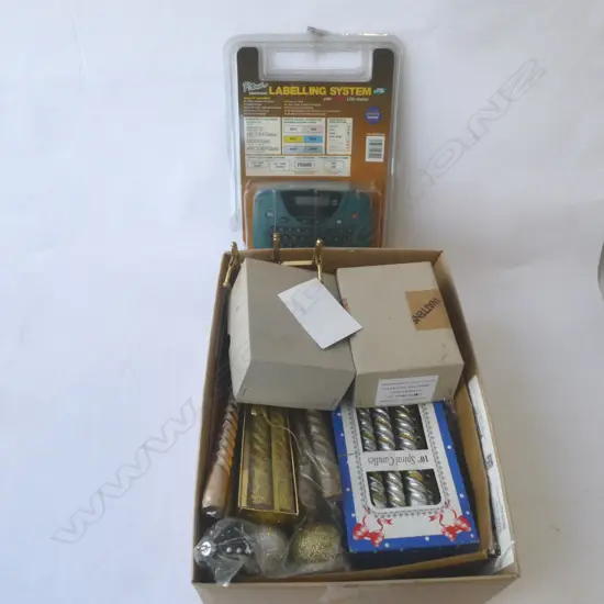 BOX OF CANDLES PINS & LABEL SYSTEM ETC
