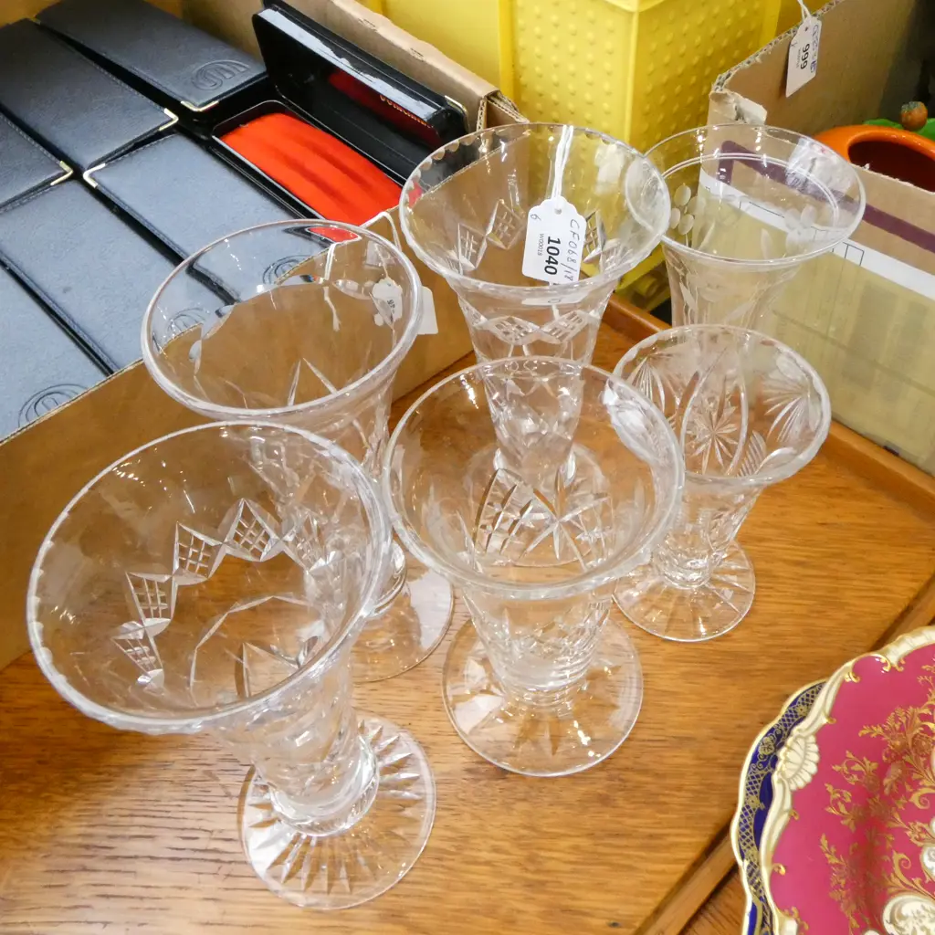 SIX ENGLISH CUT CRYSTAL VASES BY STUART & WEBB, H.130MM-185MM Image 1++