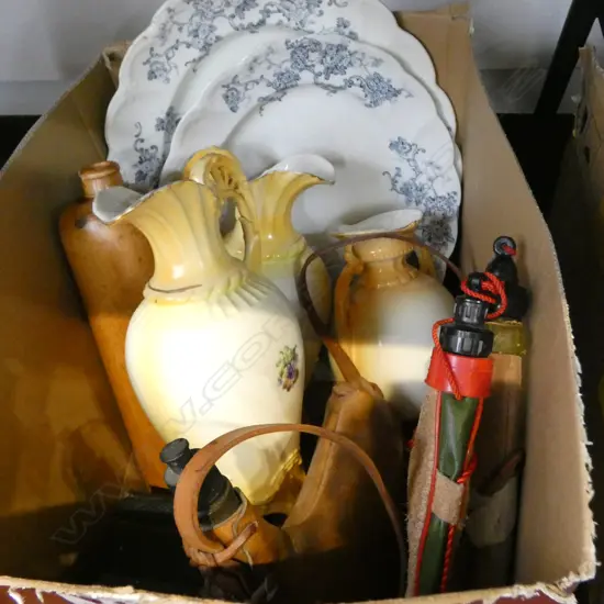 THREE WATER SKINS, ASST. OLD BOOKS, CHINA, etc