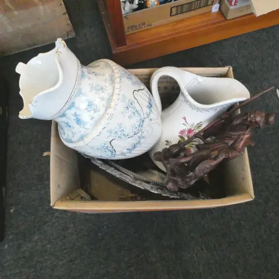 2 EP TRAYS + 6 TEASPOONS & SUGAR TONG + 2 JUGS & CARVED CHINESE MAN (SPLIT)