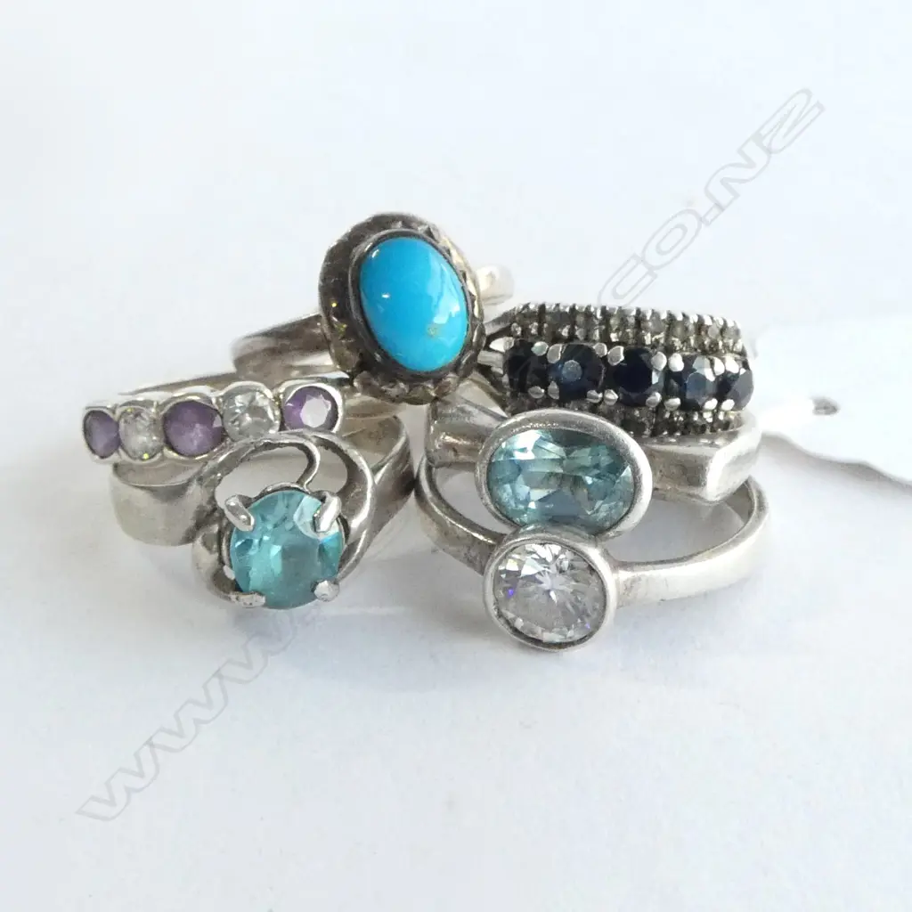 6 ASST. SILVER RINGS w STONES Image 1++