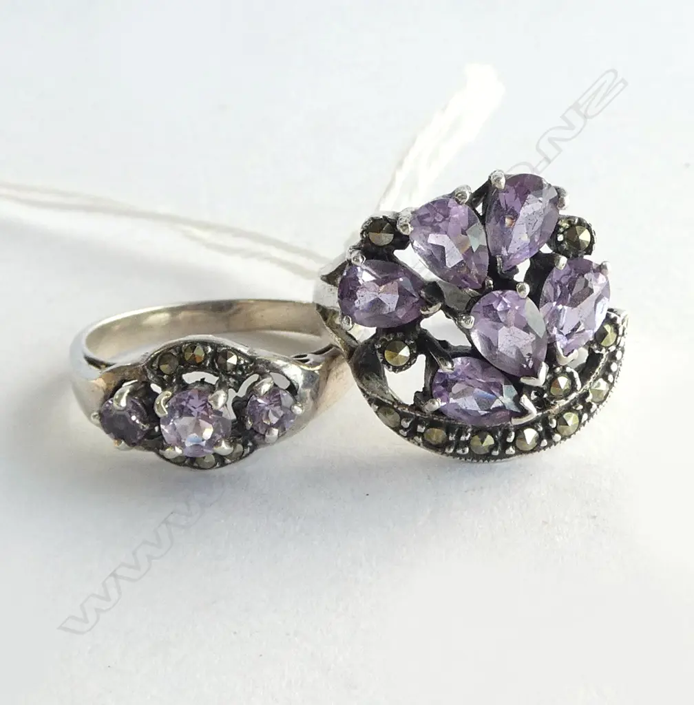 2 SILVER &  AMETHYST & MARCASITE RINGS SIZE P/Q Image 1++