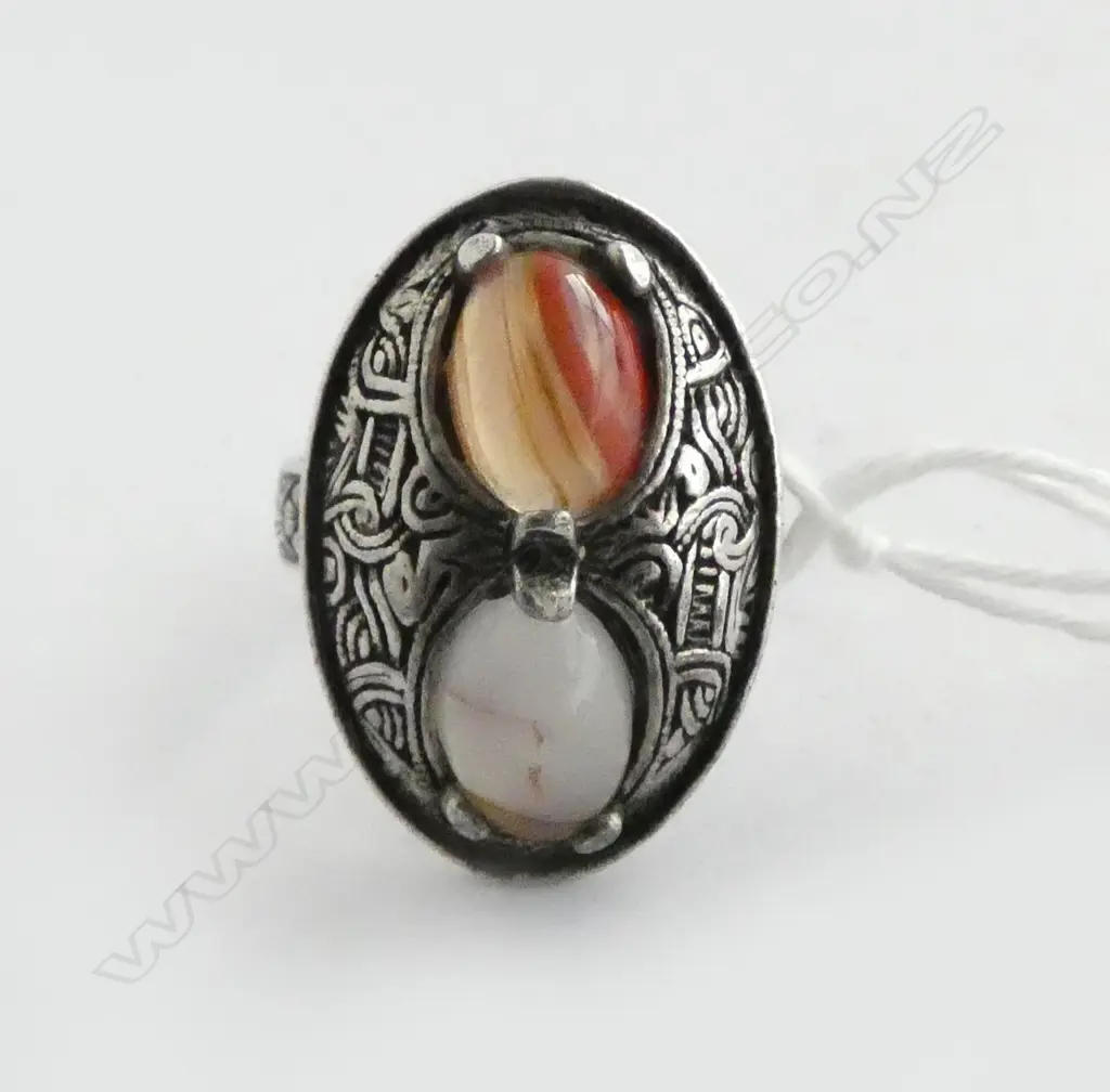 SILVER METAL WITH 2 COLOURED STONES IN RING SIZE R Image 1++