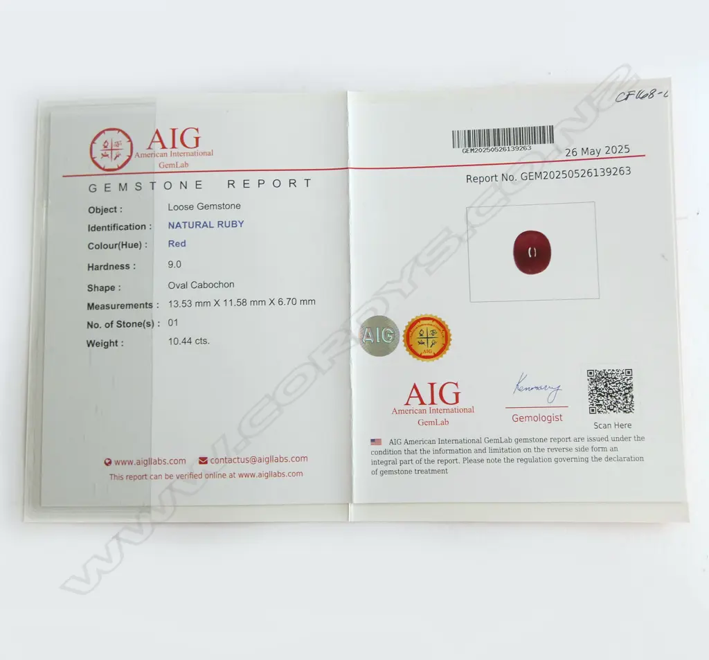 SILVER (S925) SET RUBY CABOCHON, 10.44cts (inclusions), AIG CERT SIZE N Image 1++