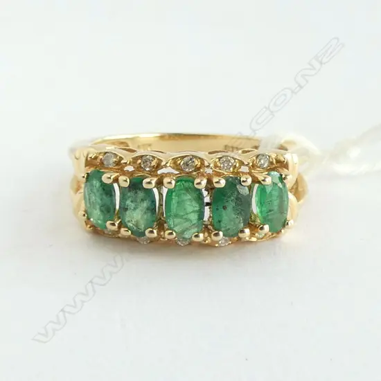 14ct YELLOW GOLD 5 EMERALD & DIAMOND bridge style RING 4.2gms SIZE N1/2