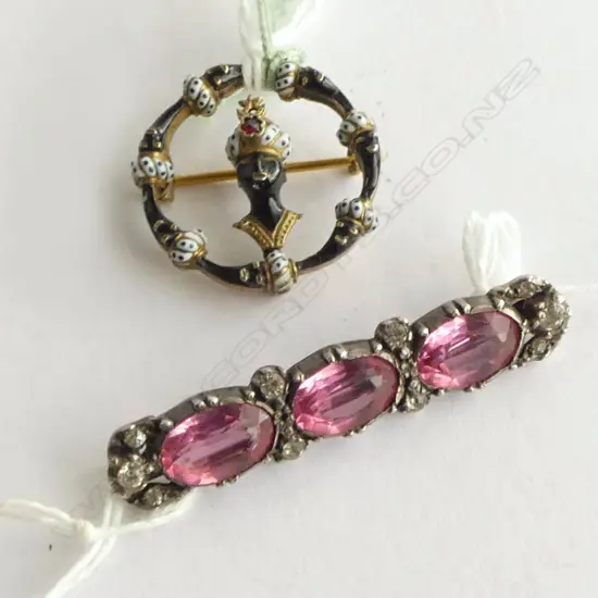 ANTIQUE ENAMEL CIRCLET BROOCH + LATE VICTORIAN SILVER BAR BROOCH WITH SIMULATED  PINK/WHITE PASTE