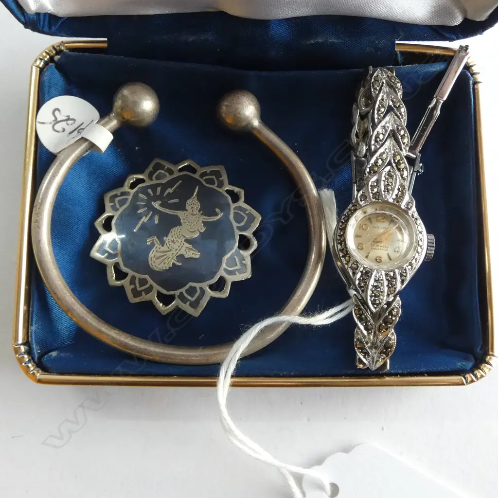 SILVER BANGLE ball ends + THAI SILVER DANCER BROOCH + MARCASITE LADIES WATCH Image 1++