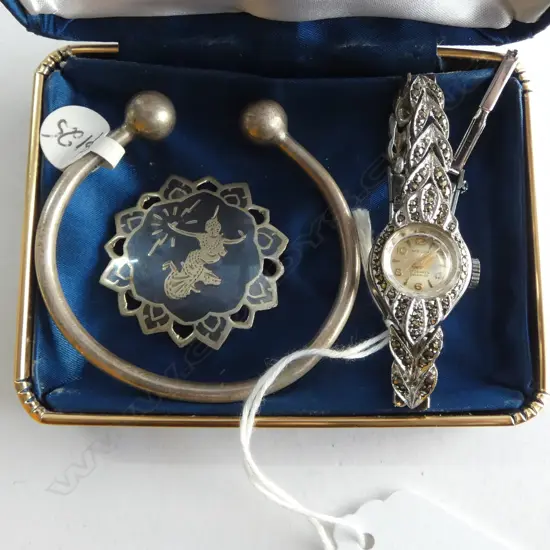 SILVER BANGLE ball ends + THAI SILVER DANCER BROOCH + MARCASITE LADIES WATCH