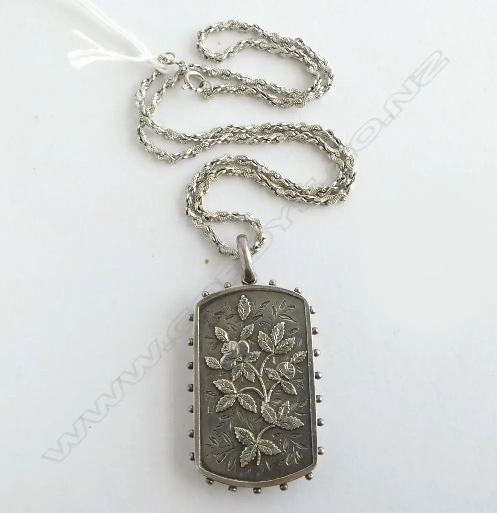 SILVER ARTS & CRAFTS LGE PANELLED PENDANT on later SILVER CHAIN 40gms Image 1++