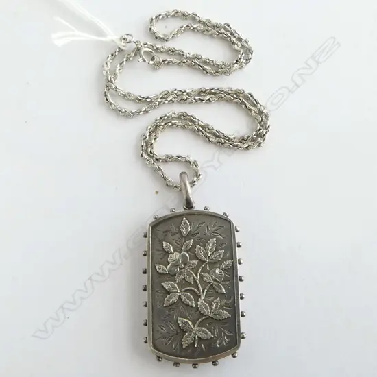 SILVER ARTS & CRAFTS LGE PANELLED PENDANT on later SILVER CHAIN 40gms