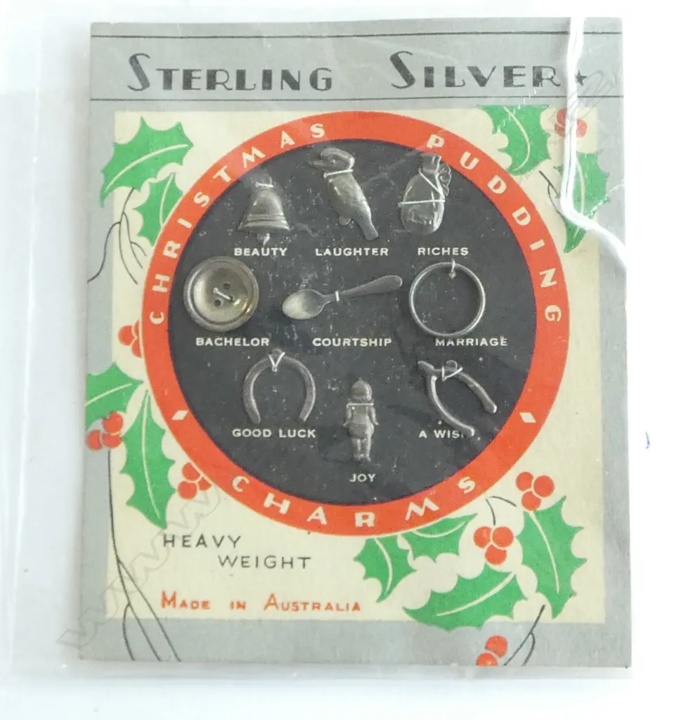 EARLY 20thC set of 9 AUSTRALIAN SILVER 'CHRISTMAS PUDDING CHARMS' on original card advertising panel Image 1++