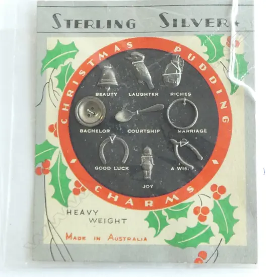 EARLY 20thC set of 9 AUSTRALIAN SILVER 'CHRISTMAS PUDDING CHARMS' on original card advertising panel