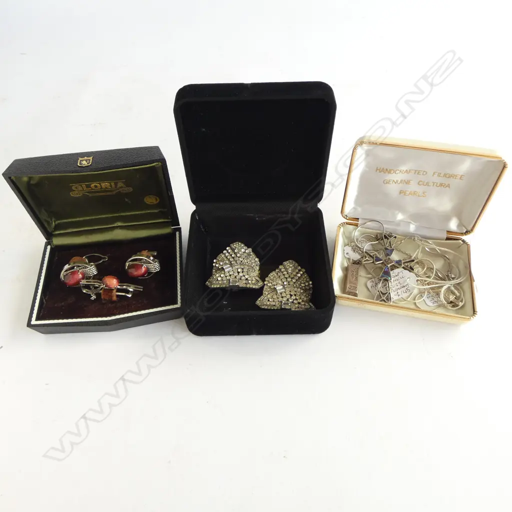 3 SILVER PENDANTS (2 on silver chains) + OTHER GEM SET CUFFLINKS & TIE PIN SET in box + VINTAGE DRESS CLIPS Image 1++