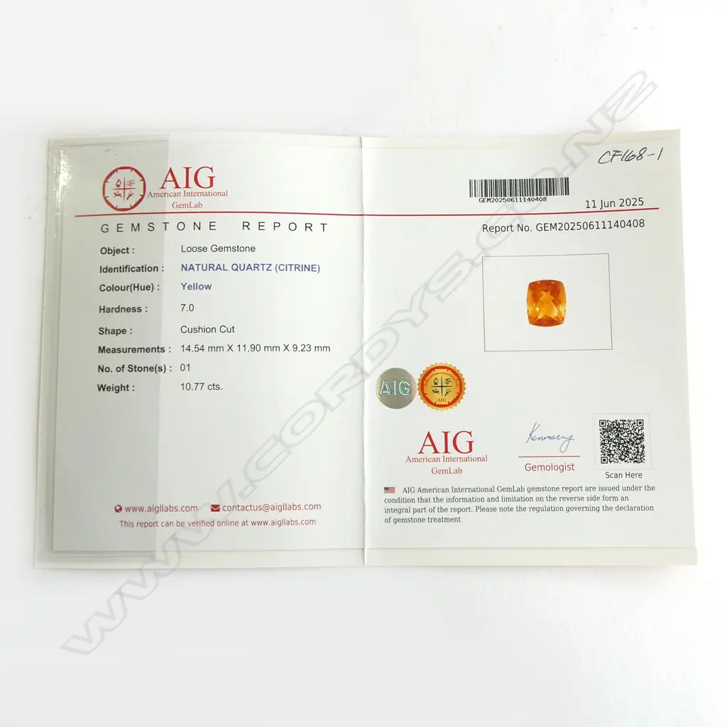 CUSHION CUT CITRINE, LOOSE STONE, 10.77ct, AIG CERT Image 1++