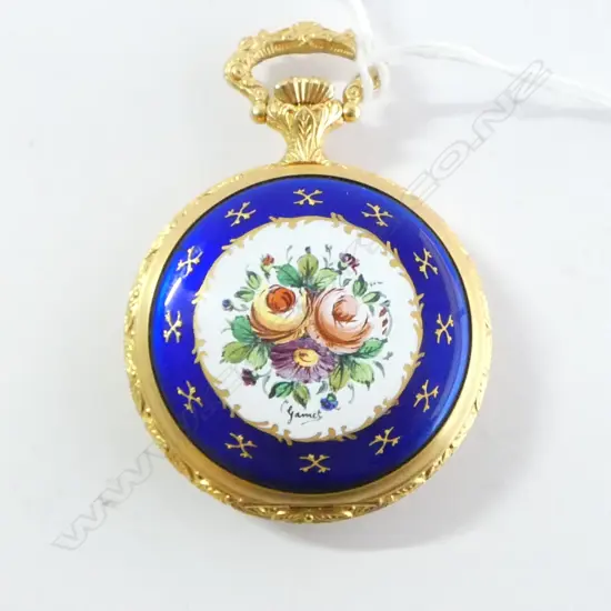 HARDIE INTRENATIONAL MODERN ANTIQUE STYLE GENTS POCKET WATCH enamelled hand painted cover. Working