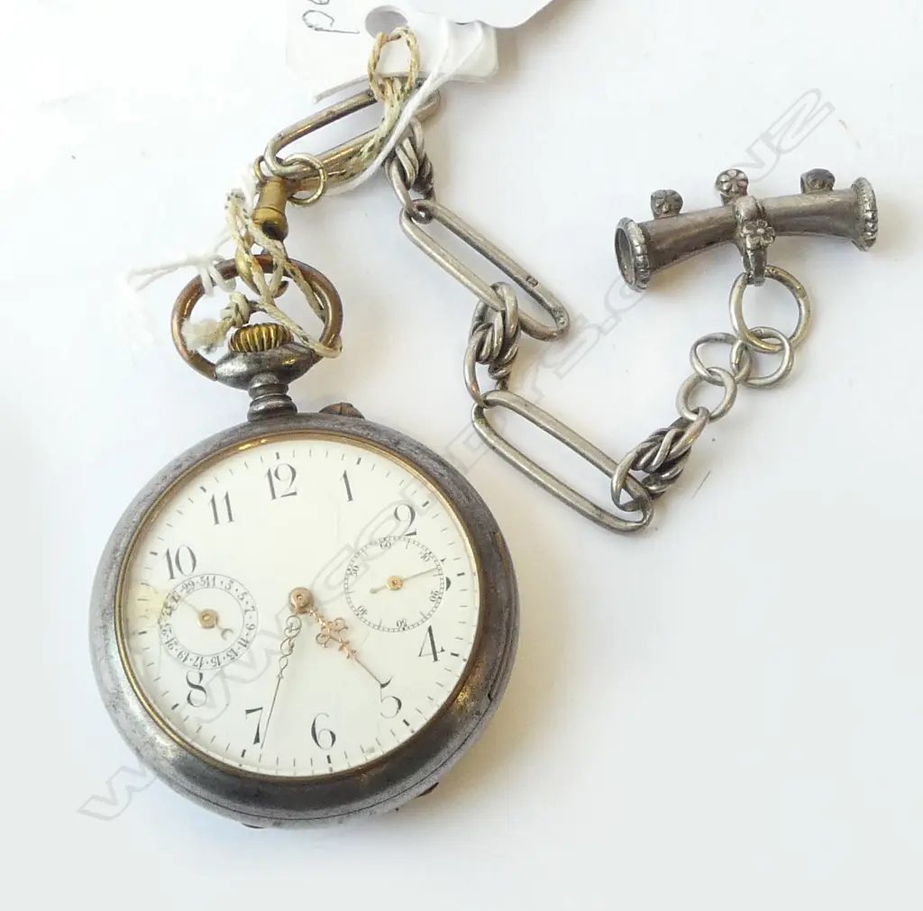 LATE 19thC SWISS POCKET WATCH with gun metal case, keyless movement, silver fob chain Image 1++