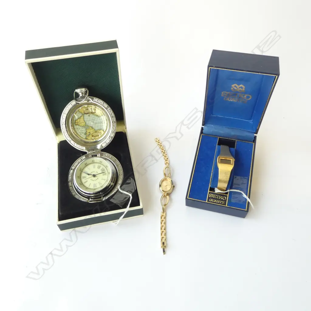 CASED DALVEY '1897' ST. ELMO POCKET WATCH, SEIKO JAPAN WRISTWATCH + QUARTZ LADIES WRISTWATCH Image 1++