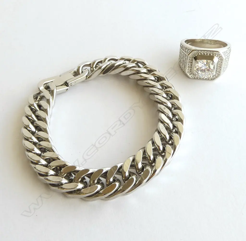 HEAVY STAINLESS CURB LINK BRACELET & LRG 'HIP HOP' STYLE RING w CZ Image 1++