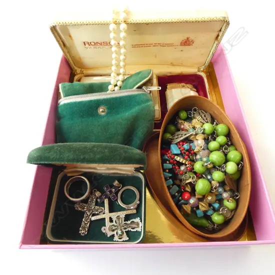 CASED RONSON VARAFLAME LIGHTER & CIG. CASE & ASST. SILVER & METAL JEWELLERY & STAND FAUX PEARLS