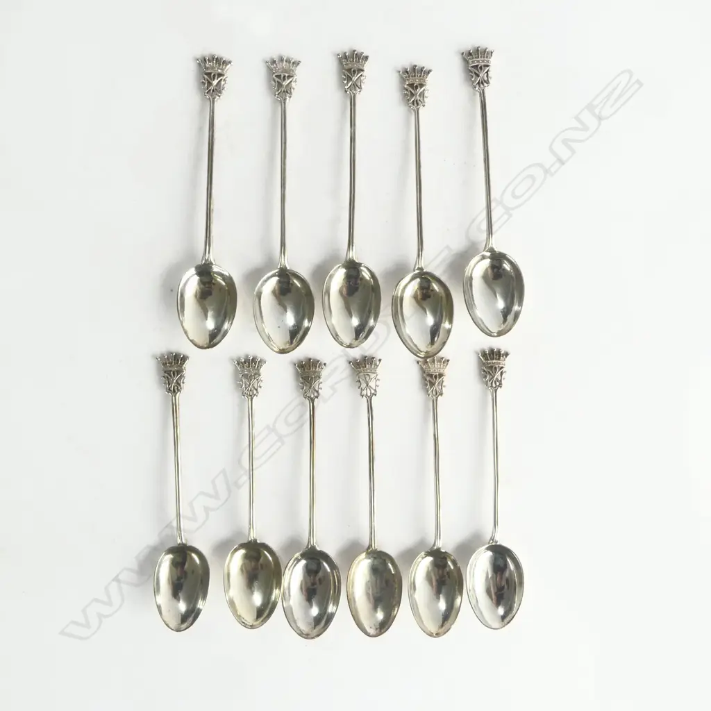 'BARTON' SILVER SET OF 11 TEASPOONS with castle top finial 96gms Image 1++
