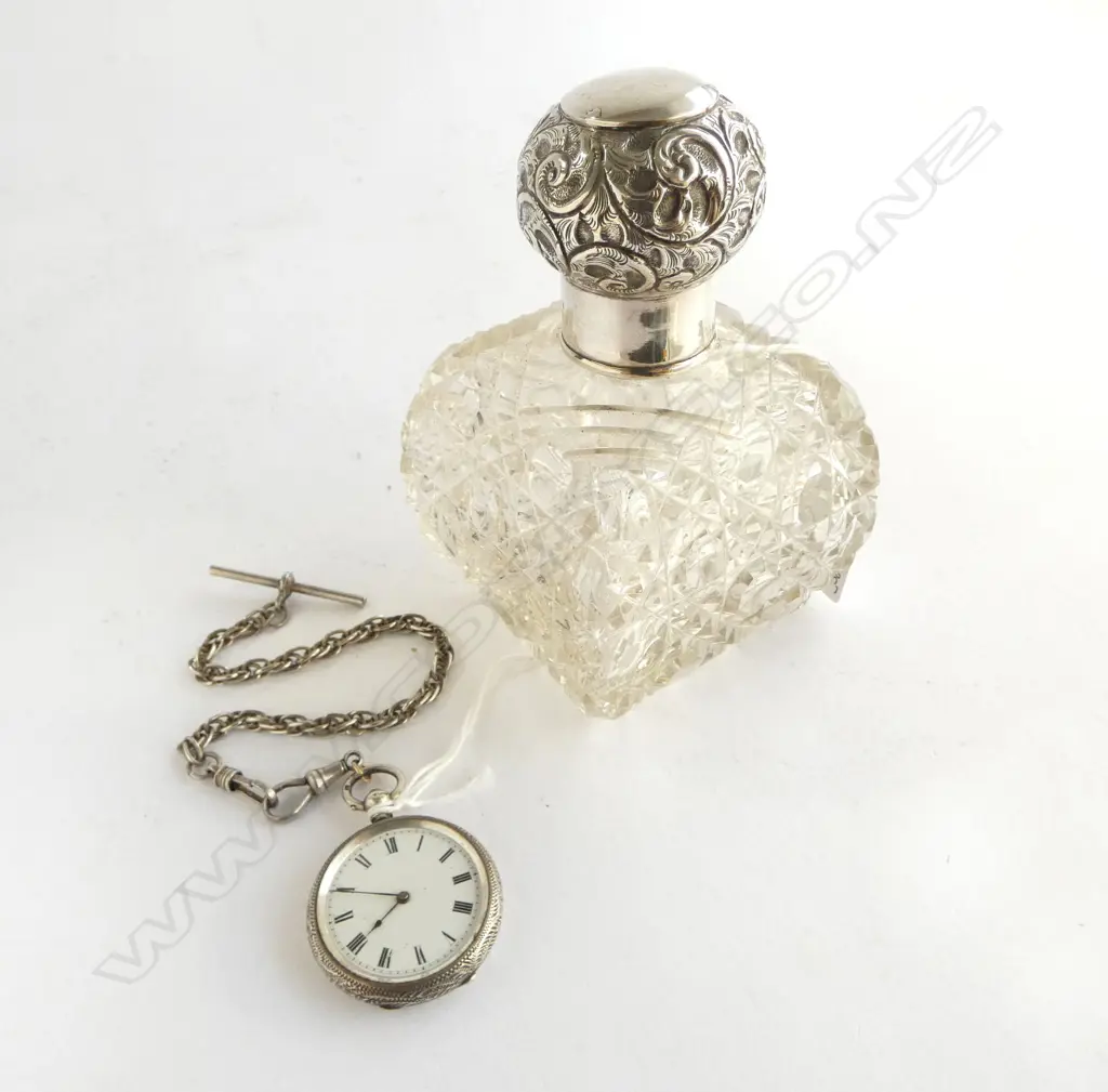 **RTV** EDW SILVER POCKET WATCH, B'HAM 1881 ON CHAIN + BOTTLE w. STG SILVER CAP 18gms... Image 1++