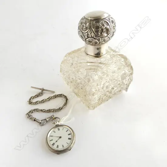 **RTV** EDW SILVER POCKET WATCH, B'HAM 1881 ON CHAIN + BOTTLE w. STG SILVER CAP 18gms...