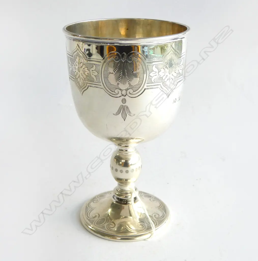 VICTORIAN STG SILVER GOBLET, ENGRAVED PATTERN, LONDON, 244.92gms Image 1++
