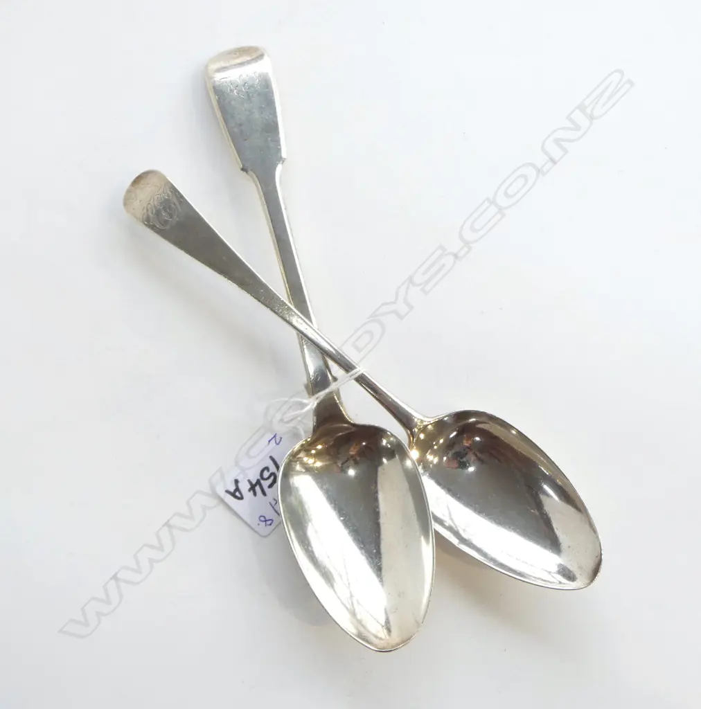 2 GEORGIAN STG SILVER DESSERT SPOONS, 158gms Image 1++