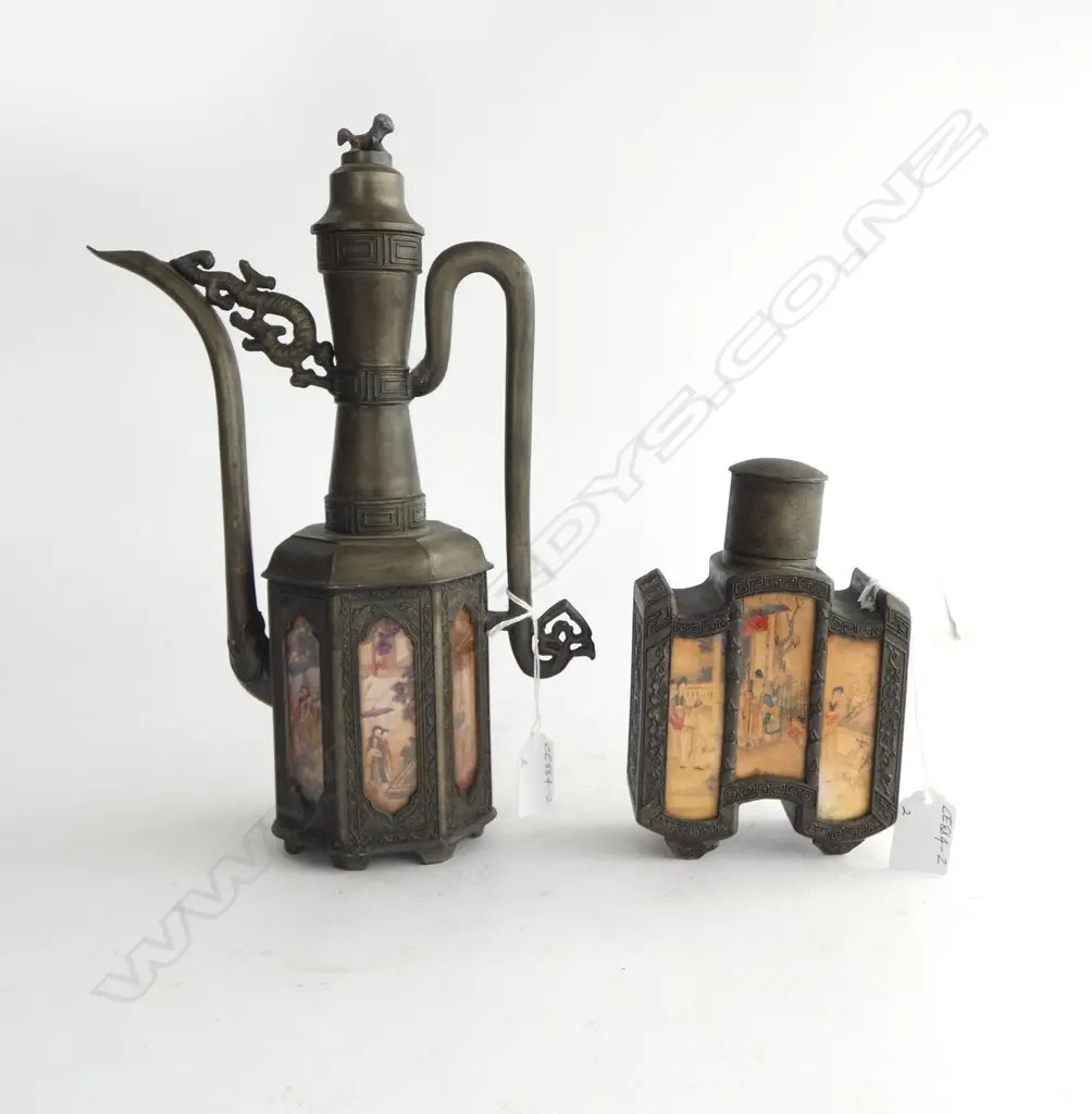 CHINESE PEWTER TEA CADDY & EWER w HANDPAINTED PANELS under glass, H.300 & 170mm Image 1++