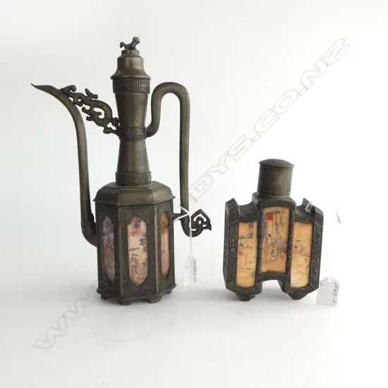 CHINESE PEWTER TEA CADDY & EWER w HANDPAINTED PANELS under glass, H.300 & 170mm