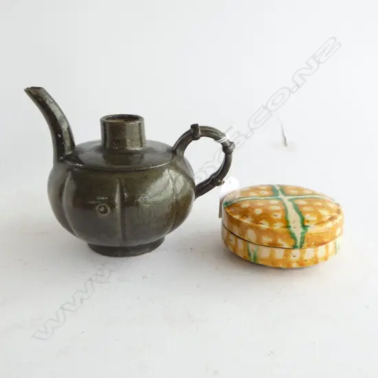 CHINESE TANG STYLE INK POT & JIN DYNASTY BROWN GREEN EWER