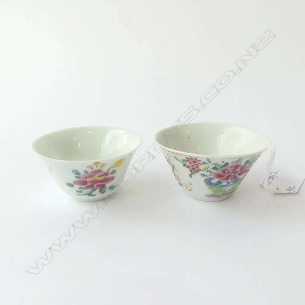 2 CHINESE FAMILLE ROSE WINE CUPS 70mm dia, FAULTS Image 1++
