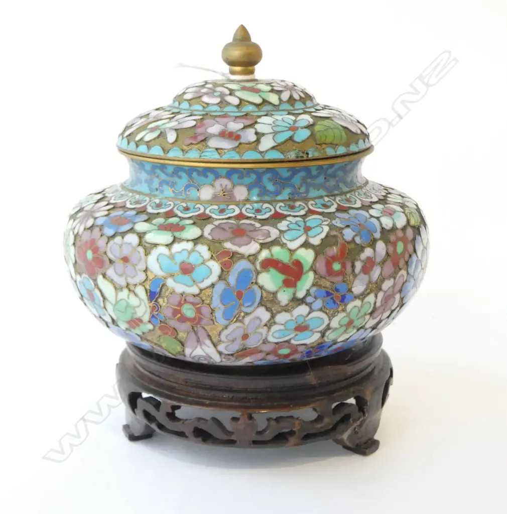 CHINESE CLOISONE LIDDED JAR ON STAND H170MM Image 1++