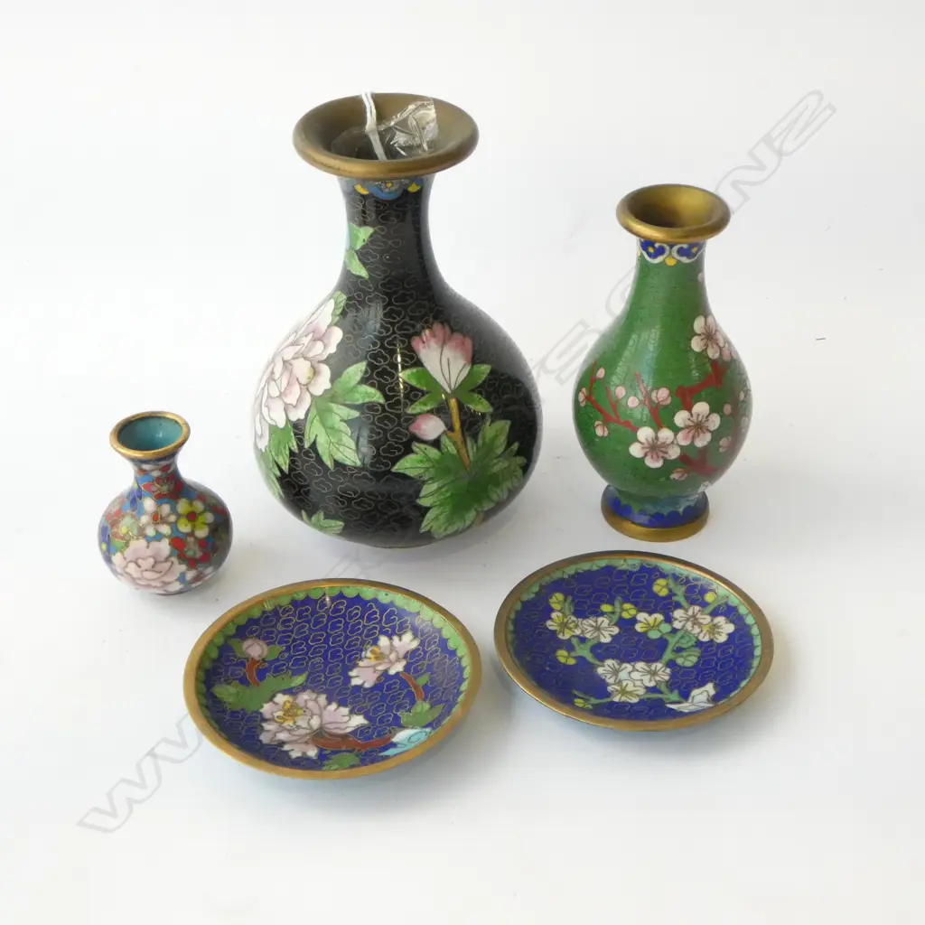 3 CLOISONNE VASES + 2 DISHES H.130mm  Image 1++