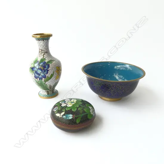 3 PCES CLOISONNE; BOWL (tiny rim chip), LIDDED CONTAINER, VASE H.180mm
