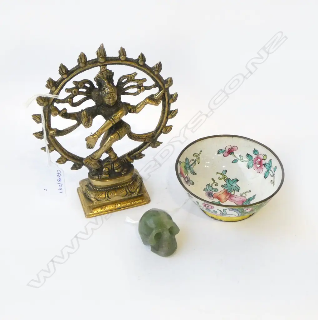 BRONZE SHIVA H150MM CHINESE ENAMEL BOWL DIA 90MM & MINITURE JADE SKULL Image 1++