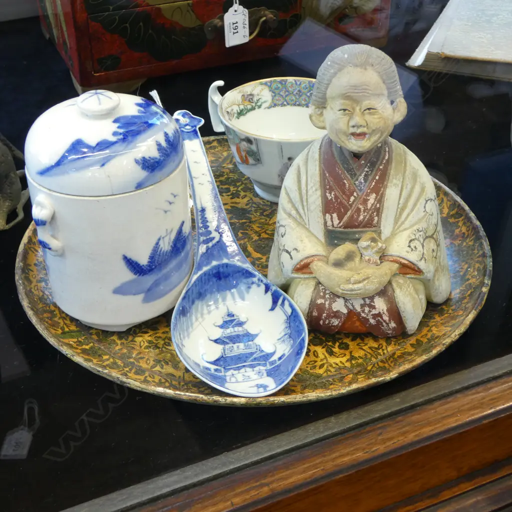 5 ITEMS; TRAY 305mm dia, JAPANESE NODDING WOMAN (FAULTS), SPOON, LIDDED CONTAINER, TEA CUP - ALL EX JOHN PERRY SHOP 90s Image 1++