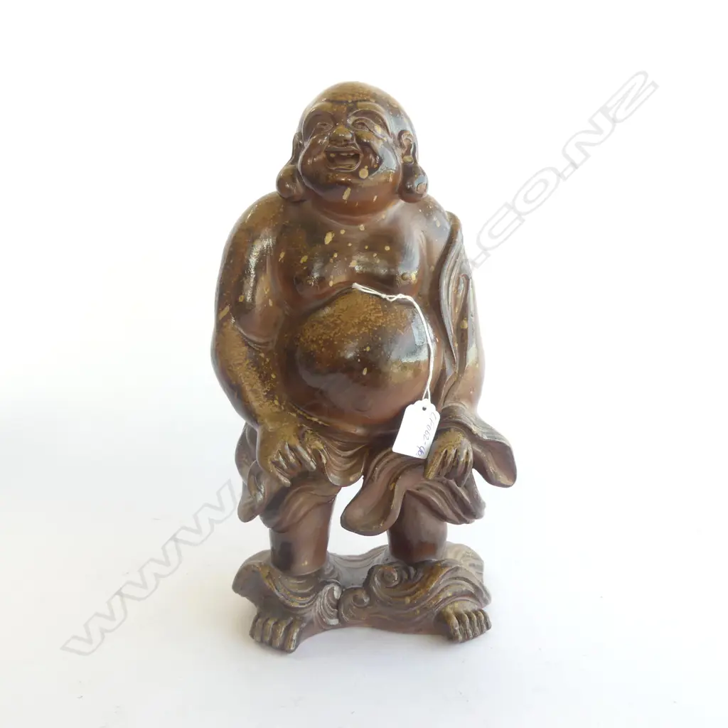 VINTAGE JAPANESE HEAVY POTTERY BUDDHA STATUE pale caramel glaze highlights. Crashing waves / clouds to the base. H.360mm Image 1++