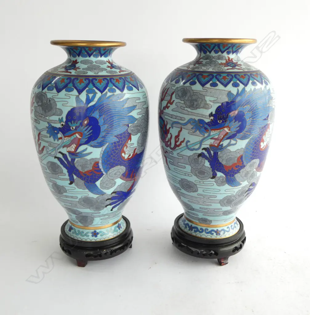 PR. BLUE DRAGON CLOISONNE VASES H.290mm on wooden stands Image 1++