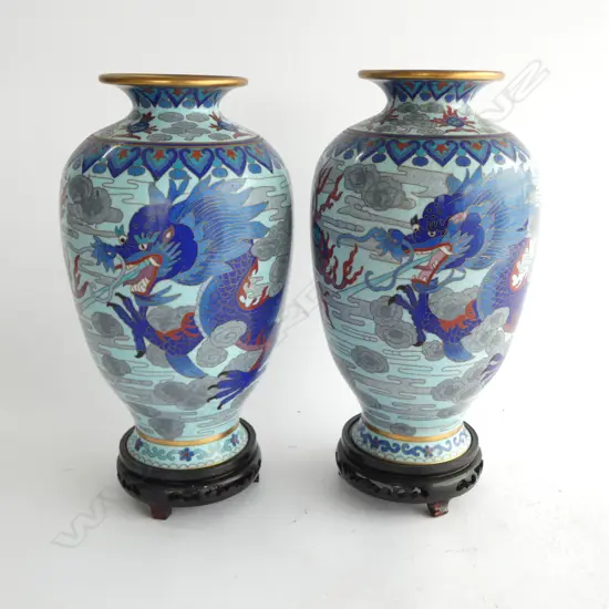 PR. BLUE DRAGON CLOISONNE VASES H.290mm on wooden stands
