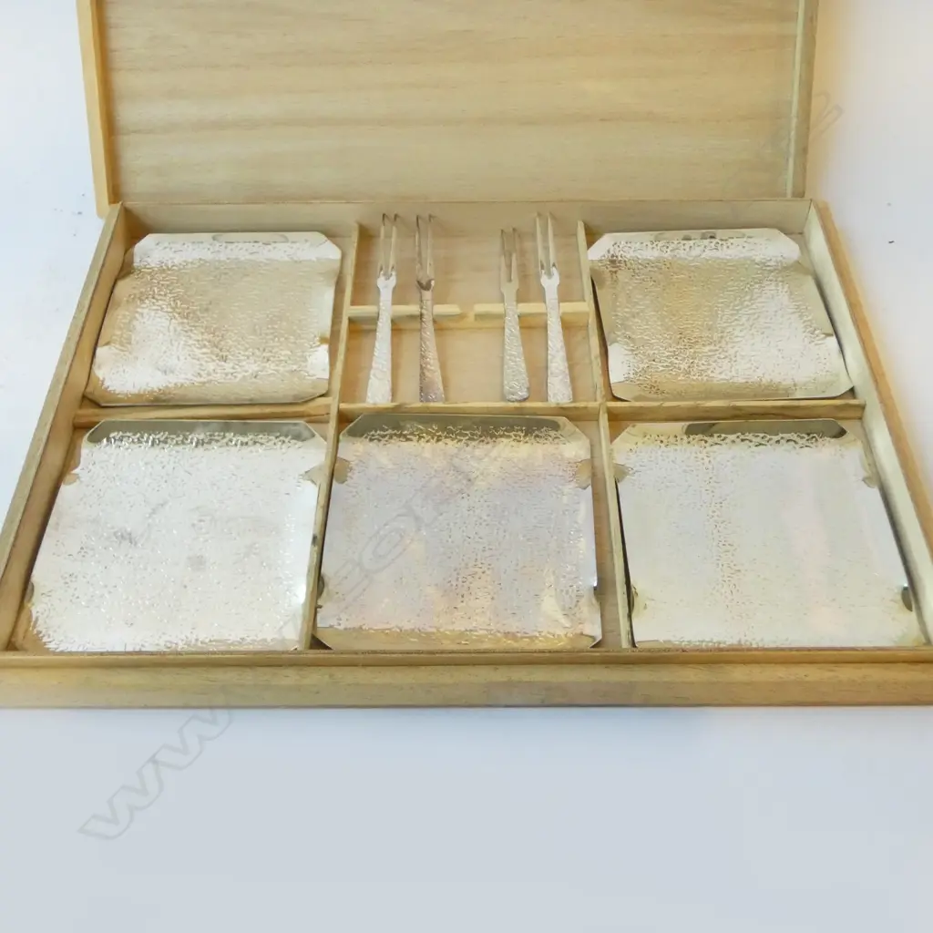 MID CENTURY BOXED STAINLESS SUSHI DISHES & FORKS (1 missing) Image 1++