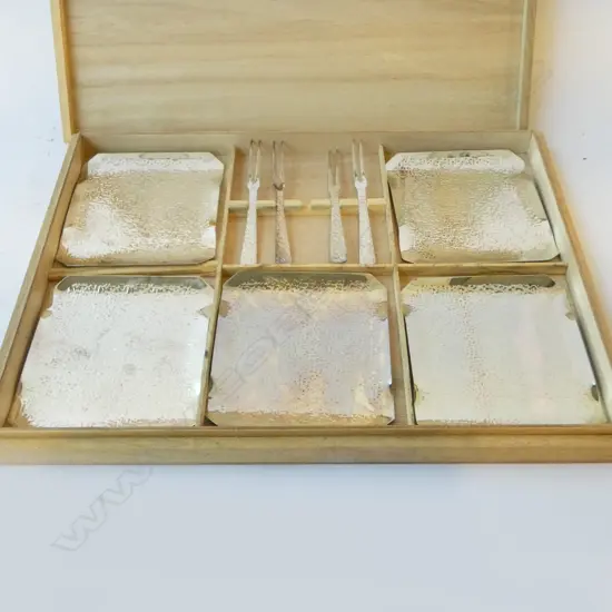 MID CENTURY BOXED STAINLESS SUSHI DISHES & FORKS (1 missing)