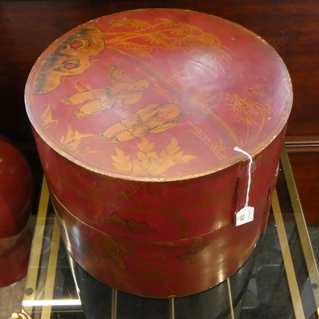 ORIENTAL RED LACQUER HAT BOX H.275mm, 350mm dia Image 1++