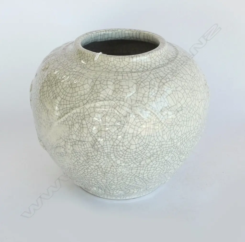 VINTAGE ORIENTAL WHITE CELADON CRACKLE GLAZE VASE ovoid form with relief decoration H.215mm Image 1++