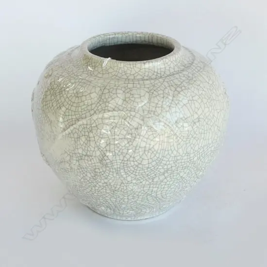 VINTAGE ORIENTAL WHITE CELADON CRACKLE GLAZE VASE ovoid form with relief decoration H.215mm